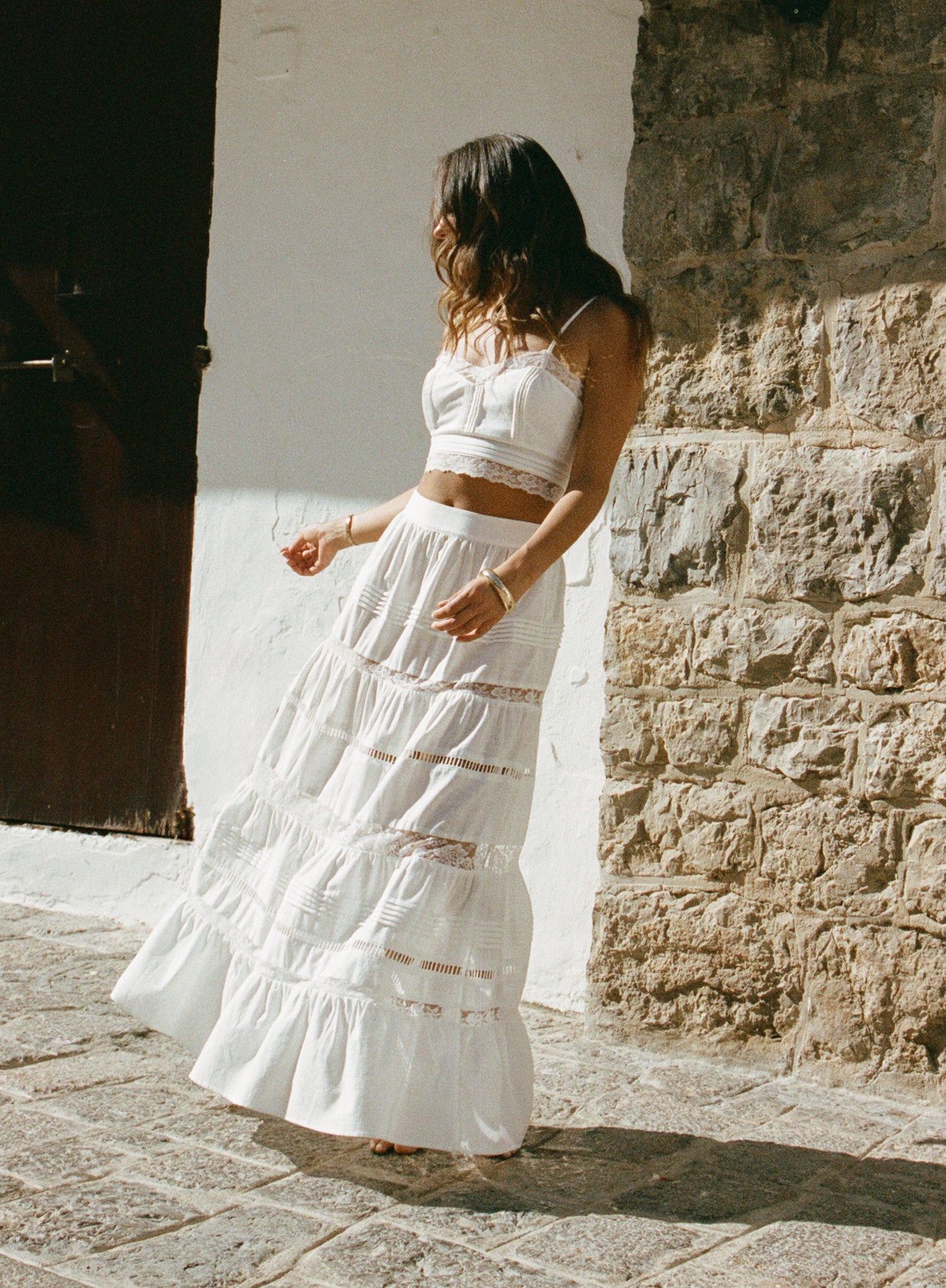White Lace Insert Tiered Maxi Skirt